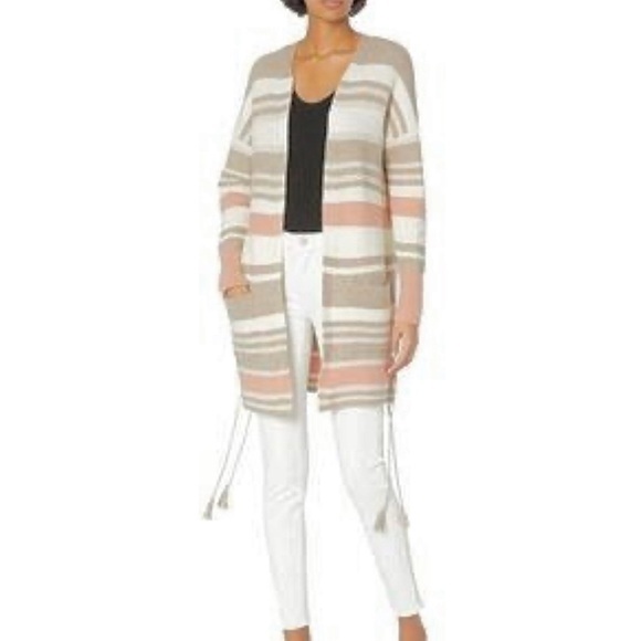 Lucky Brand Sweaters - Lucky Brand Striped Open Front Cardigan Sweater Pastel Taupe Pink Wool Linen Med